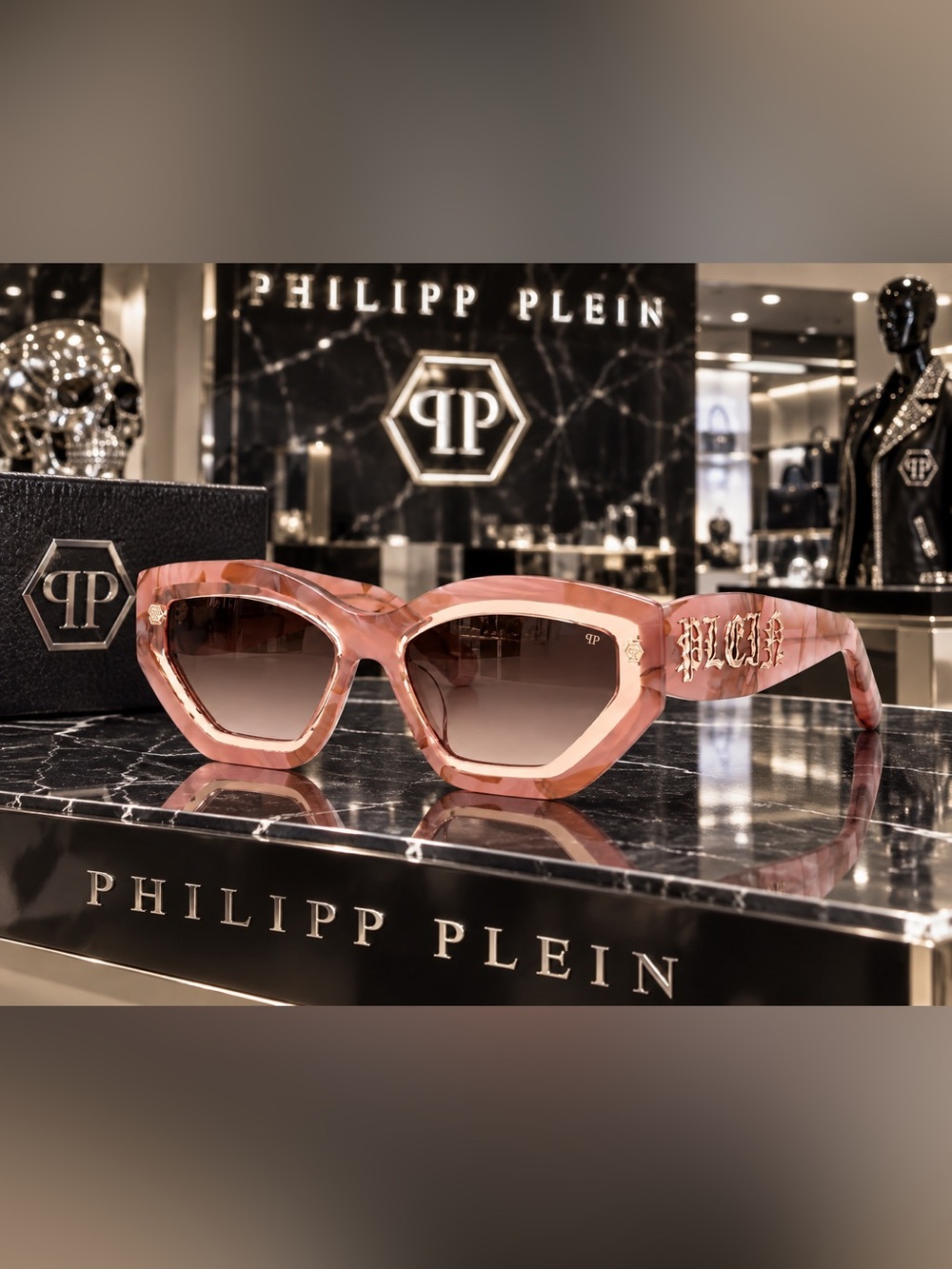 Philipp Plein Supreme Star SPP099M Pink Marble Cat Eye Sunglasses